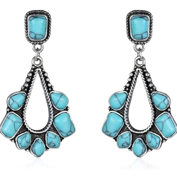 Bohemian Earrings Silver Plated 2" Turquoise Western Jewelry - Picture 5 of 8